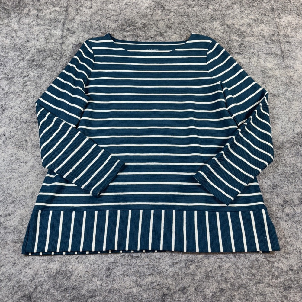 Talbots Blouse Women's X Teal Striped Cotton Long Sleeve Boat Neck Minimalist